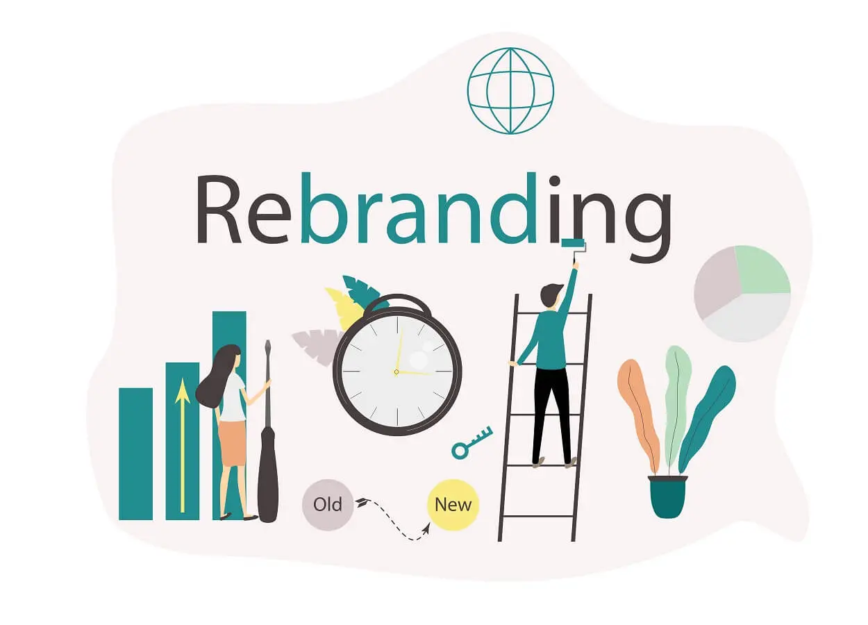 Drawn image of a person climbing a latter with the word rebranding in the center, in an article on how to rebrand yourself if your small business is going in a new direction.