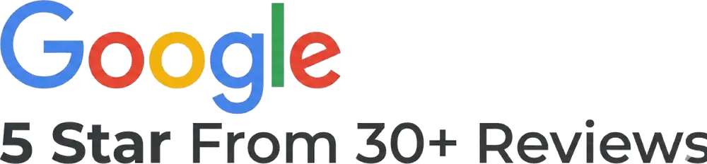 Google logo with the caption 5 star from 30+ reviews indicating high customer ratings